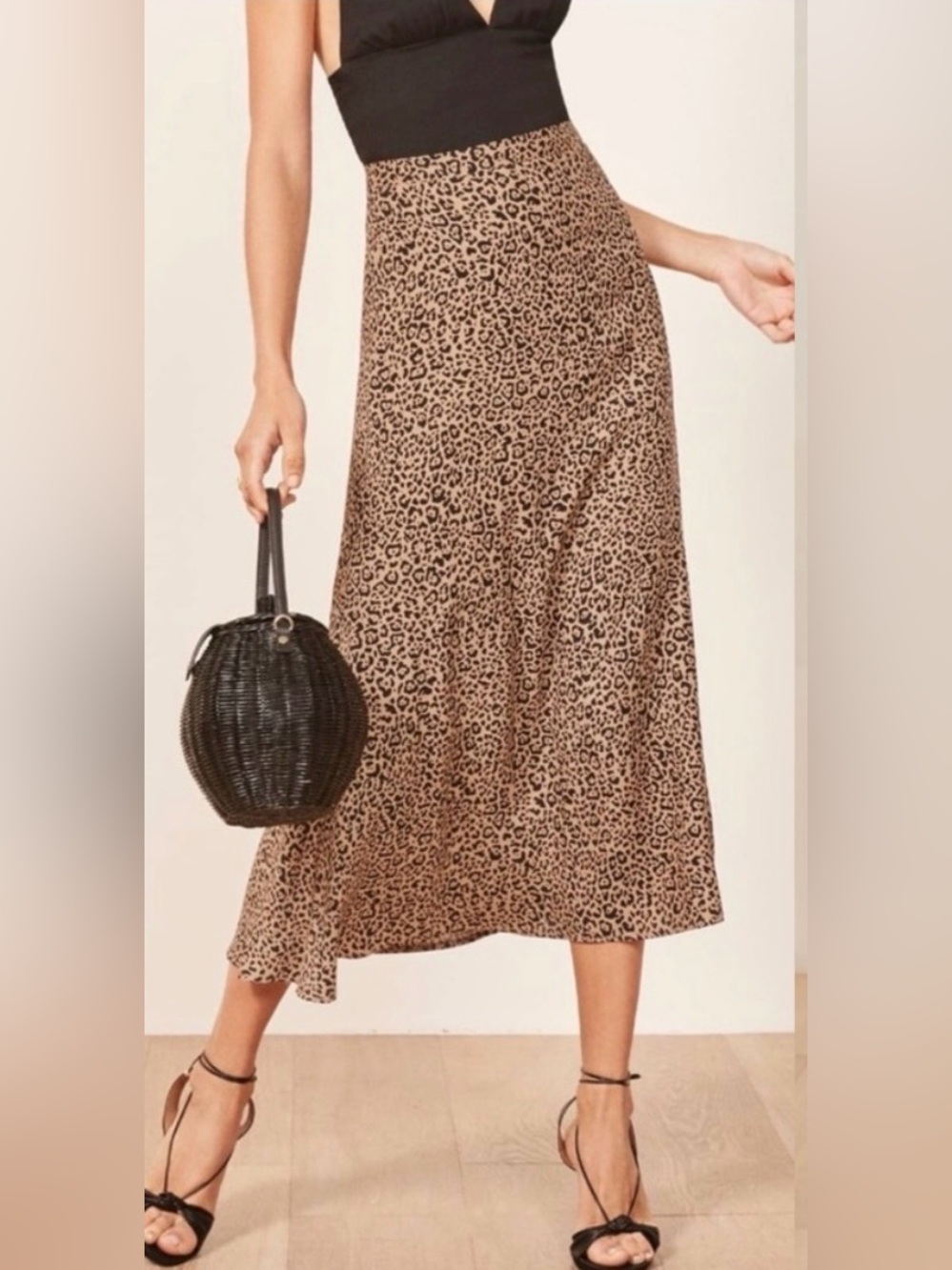 Reformation Bea Midi Skirt Leopard Print Brown Tan Satin Slip Skirt 2P